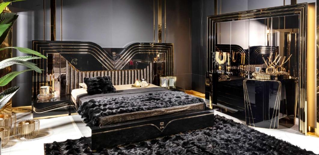 Schwarzes Elegantes Schlafzimmer-Set Doppelbett Nachttische Kommode