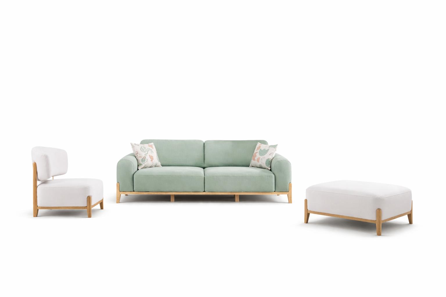 Wohnzimmer-Set Sessel 3-Sitzer-Sofa Pouf Moderner Stil Holzrahmen Neu