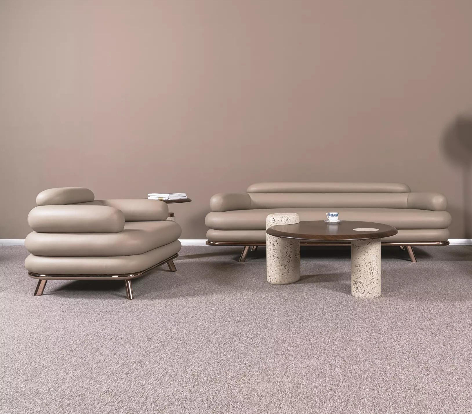 Moderne Beige Sofagarnitur Ledercouchen Couchtisch Sessel 4tlg