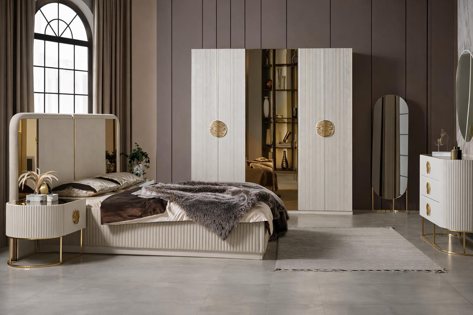 Elegante Beige Schlafzimmergarnitur Edles Bett Designer Kommode Spiegel