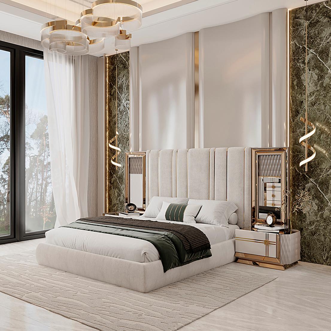 Elegantes Schlafzimmer Set mit Bett und Nachttischen in Gold und Weiß