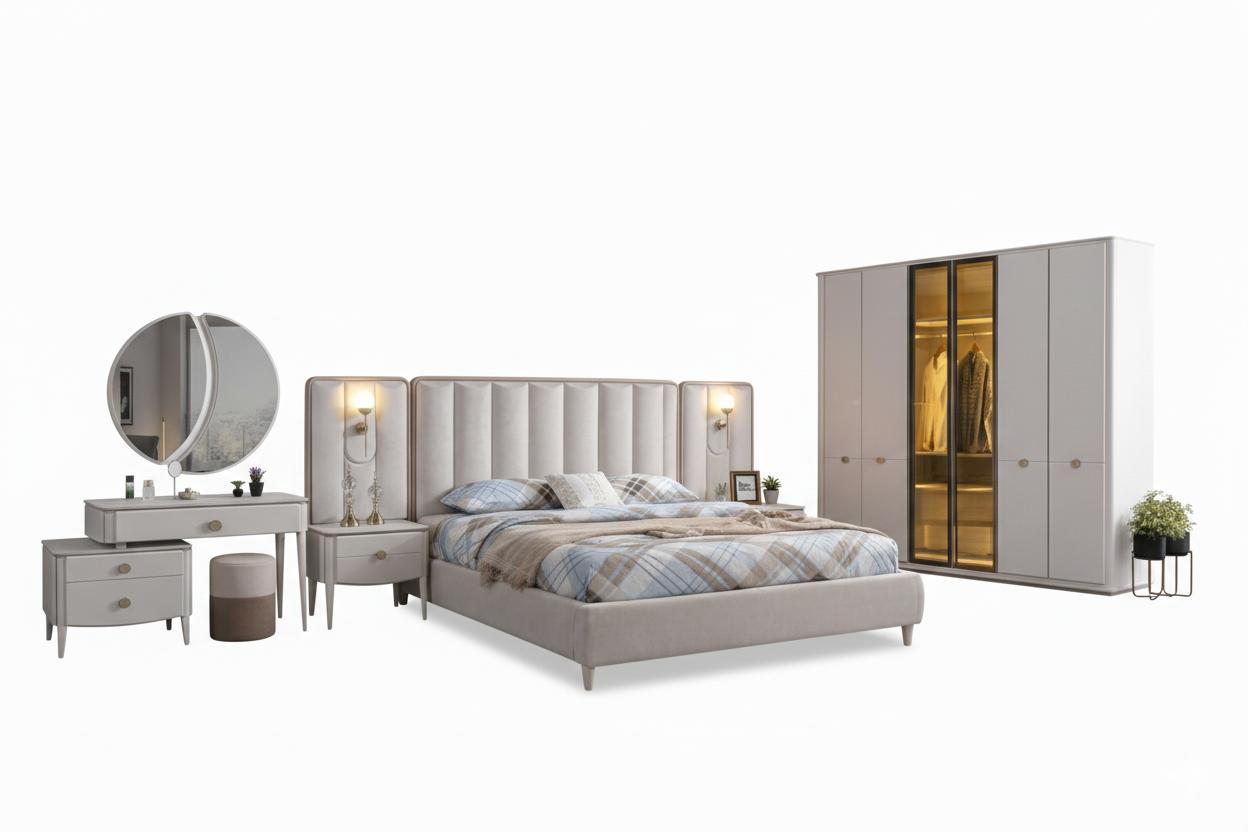 Weiße Schlafzimmer Garnitur Designer Bett 2x Nachttische Schrank