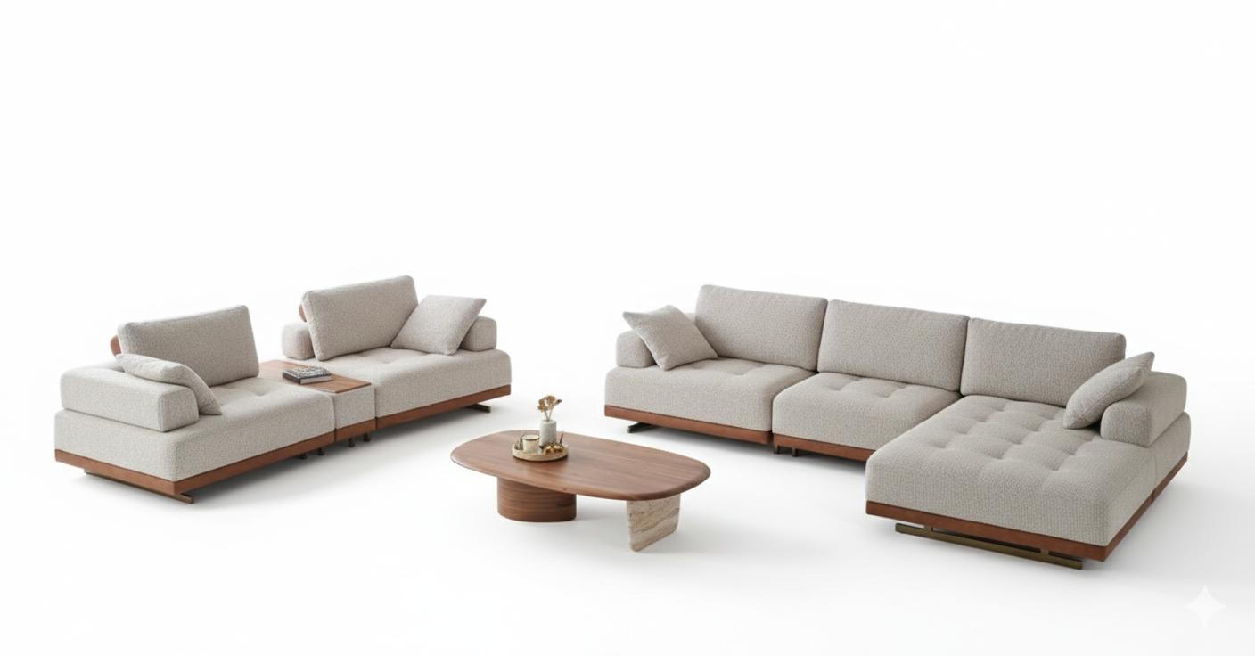 Beige Stoffgarnitur Designer Ecksofa 2-Sitzer Luxuriöser Couchtisch