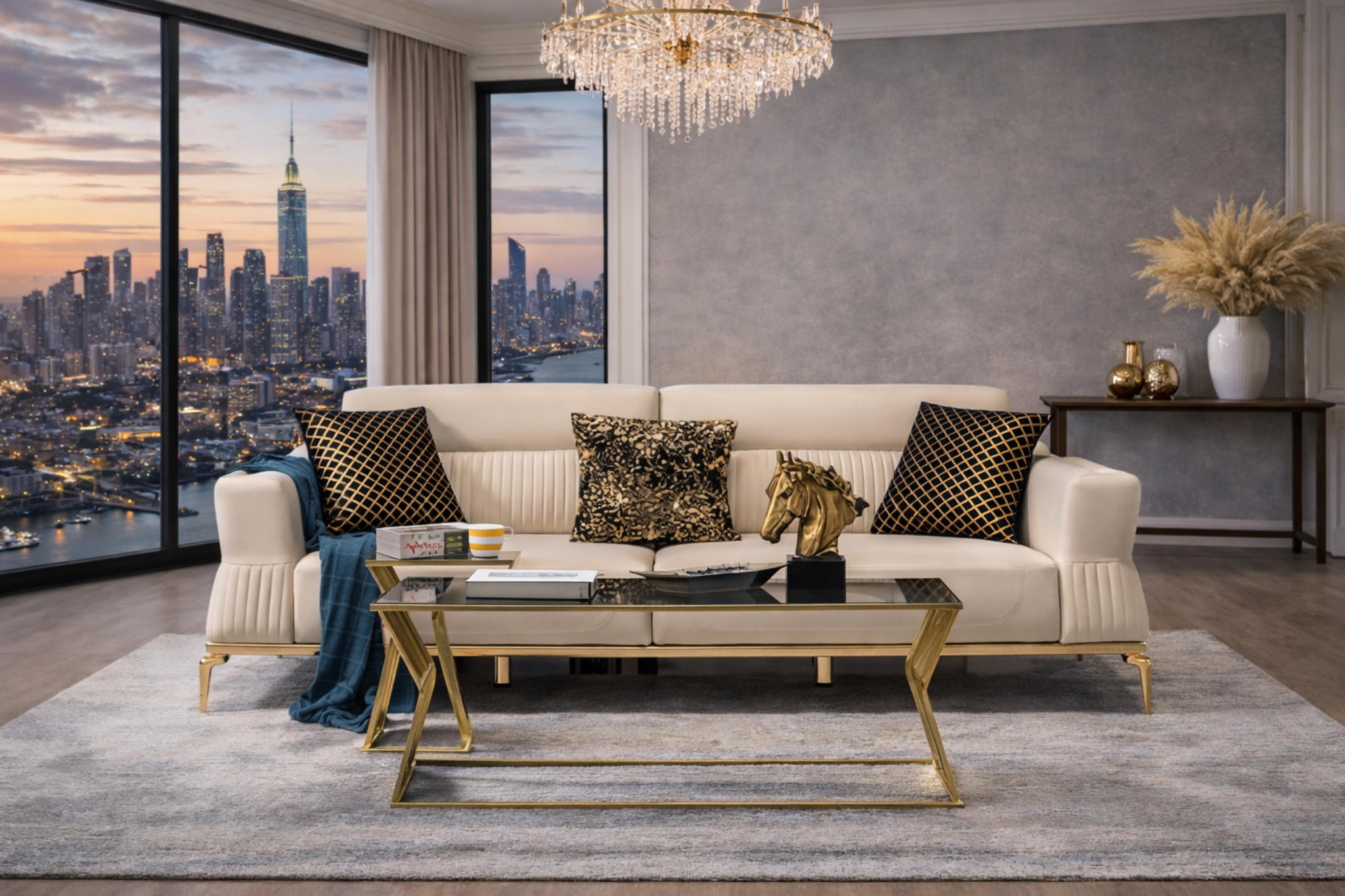 Luxuriöser Beiger 3-Sitzer Edle Goldfüße Wohnzimmer Polstercouch