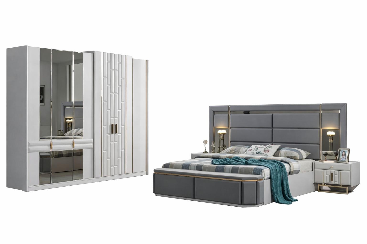 Grau-Weiße Schlafzimmer Garnitur Polsterbett 2x Nachttische Schrank