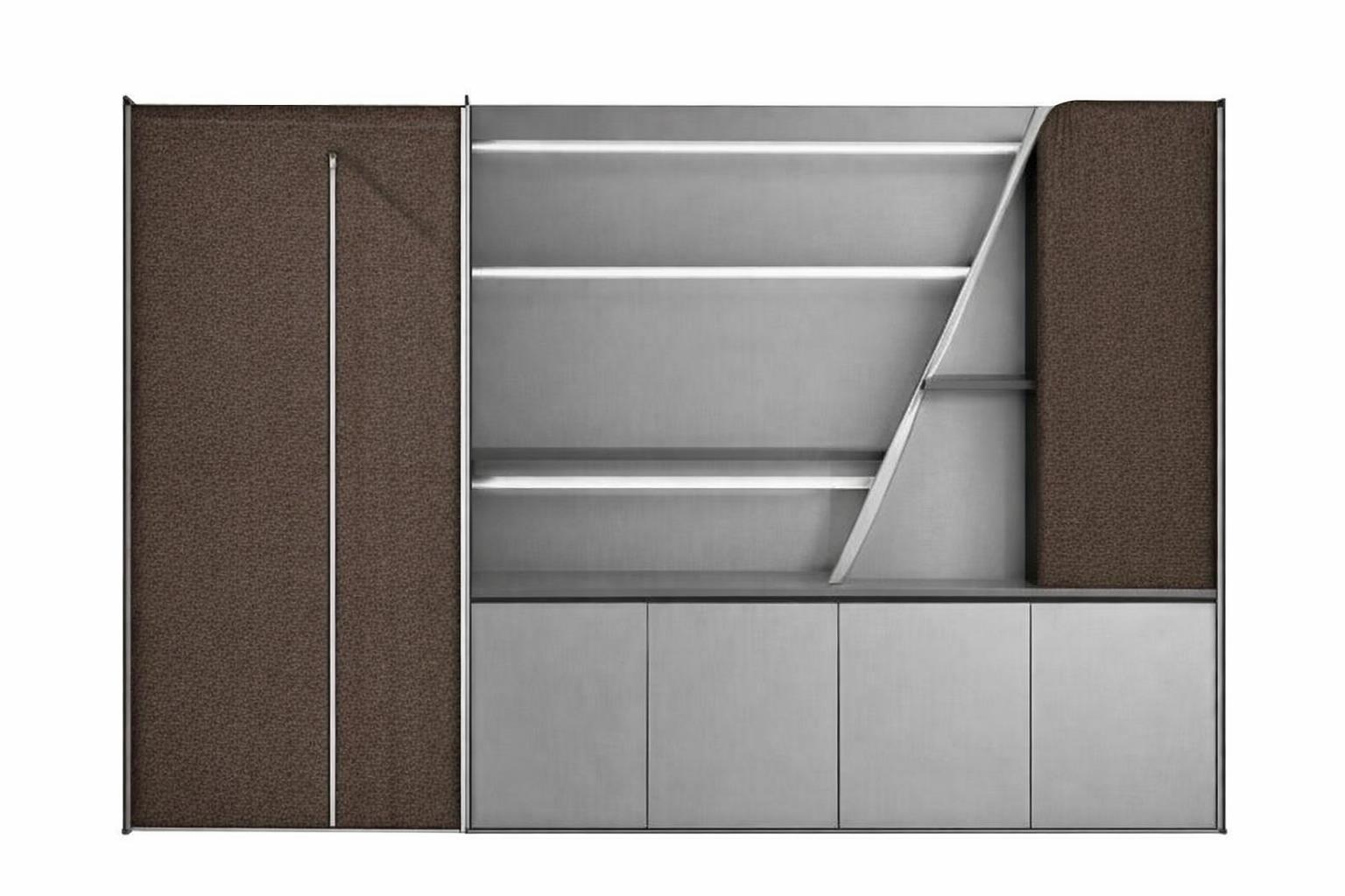Moderner Büroschrank mit braunen Textilfronten und praktischen Regalen