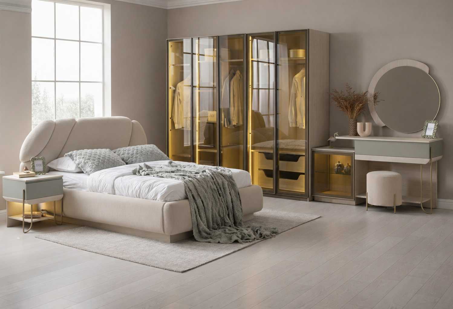 Bett Nachttisch Kleiderschrank Schminktisch Stil modern Farbe beige weich
