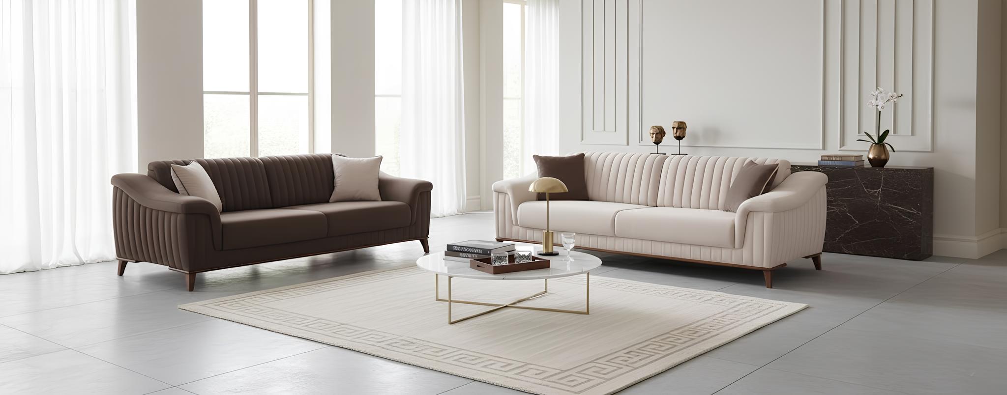 Elegantes 3-Sitzer Sofa Beige Braun Rippendesign Holzrahmen