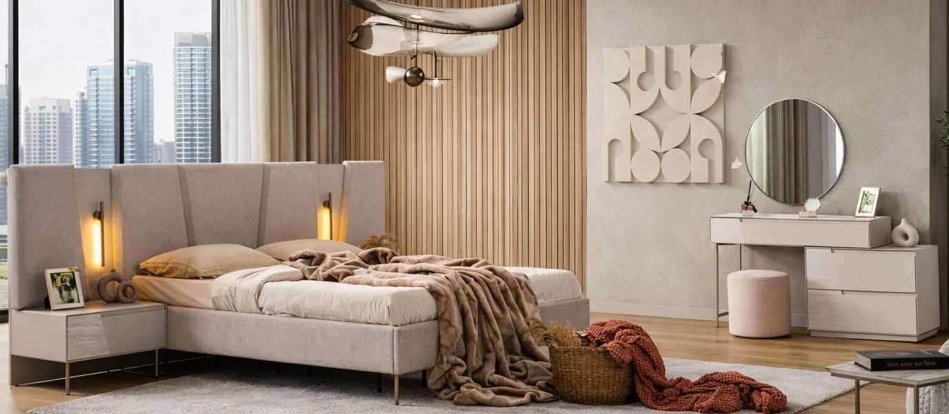 Bett Nachttisch Schminktisch Spiegel Hocker Stil modern Farbe beige