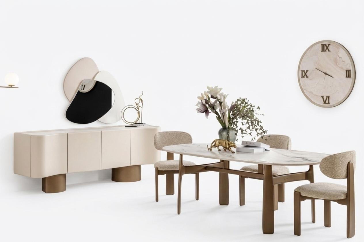 Esszimmer Set Moderner Stil Beige Farbe Geräumige Konsole Weiche Stühle