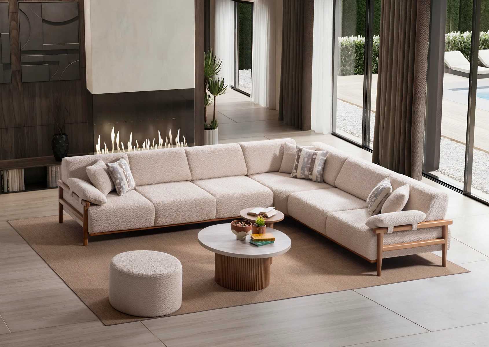 Ecksofa Couchtisch Beistelltisch Puff Stil modern Farbe beige weich