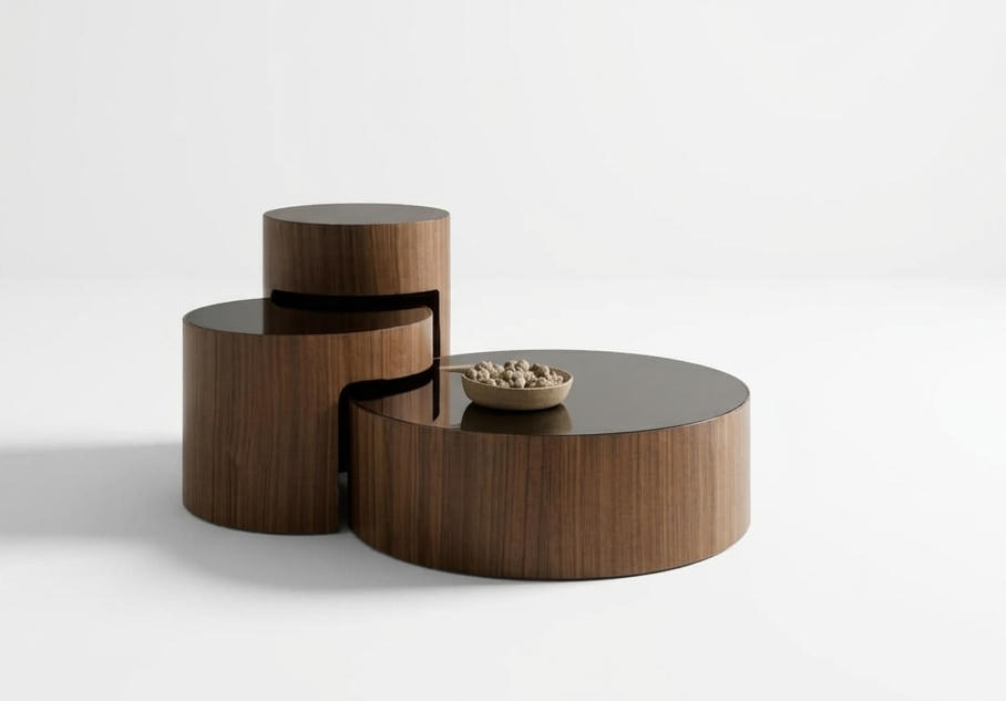 Couchtisch-Set Moderner Stil Braun Holzbeine Holzplatte Runder Neu