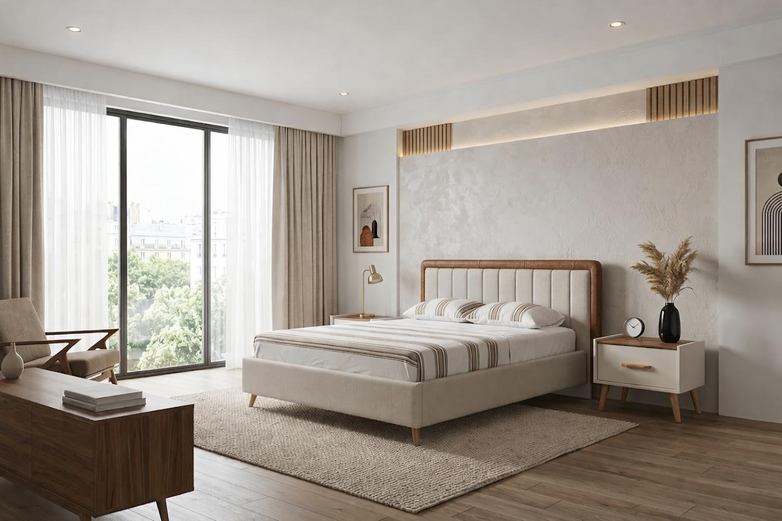 Elegantes weißes Schlafzimmer-Set weiches Bett  Holz-Nachttische Premium