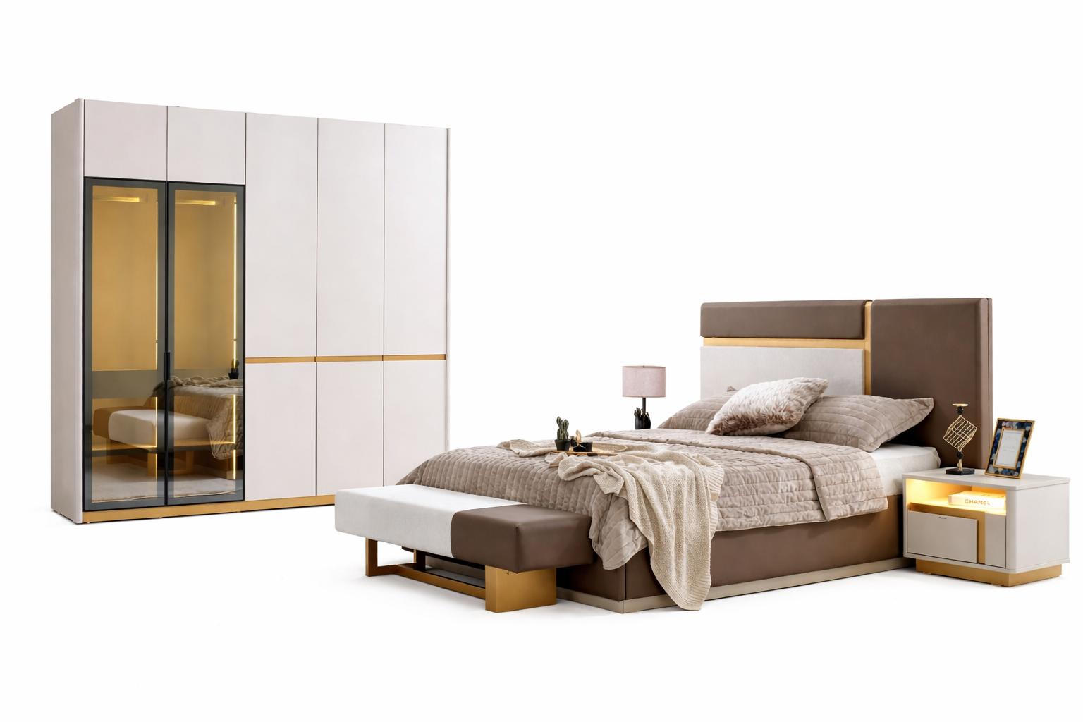 Schlafzimmer Set Moderner Stil Beige Stoffbezug Großer Kleiderschrank