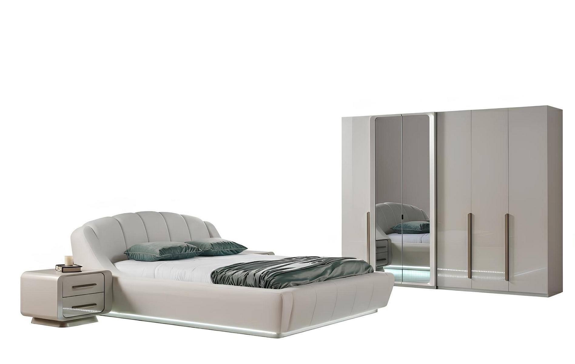 Schlafzimmer-Set Nachttisch Bett Kleiderschrank Beige Moderner Stil Neu