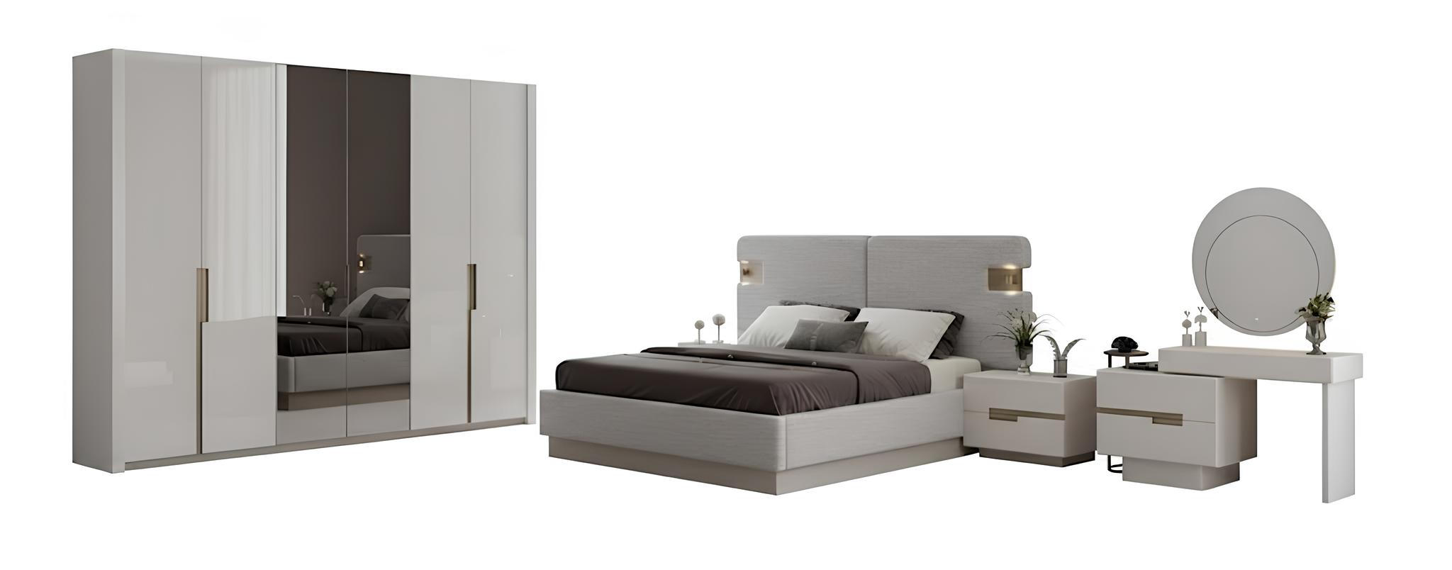 Schlafzimmer-Set Nachttisch Bett Kleiderschrank Kommode Spiegel Beige