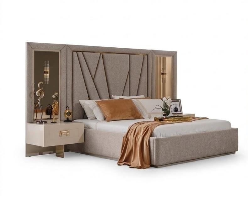 Schlafzimmer-Set Nachttisch Bett Kommode Beige Farbe Moderner Stil Neu