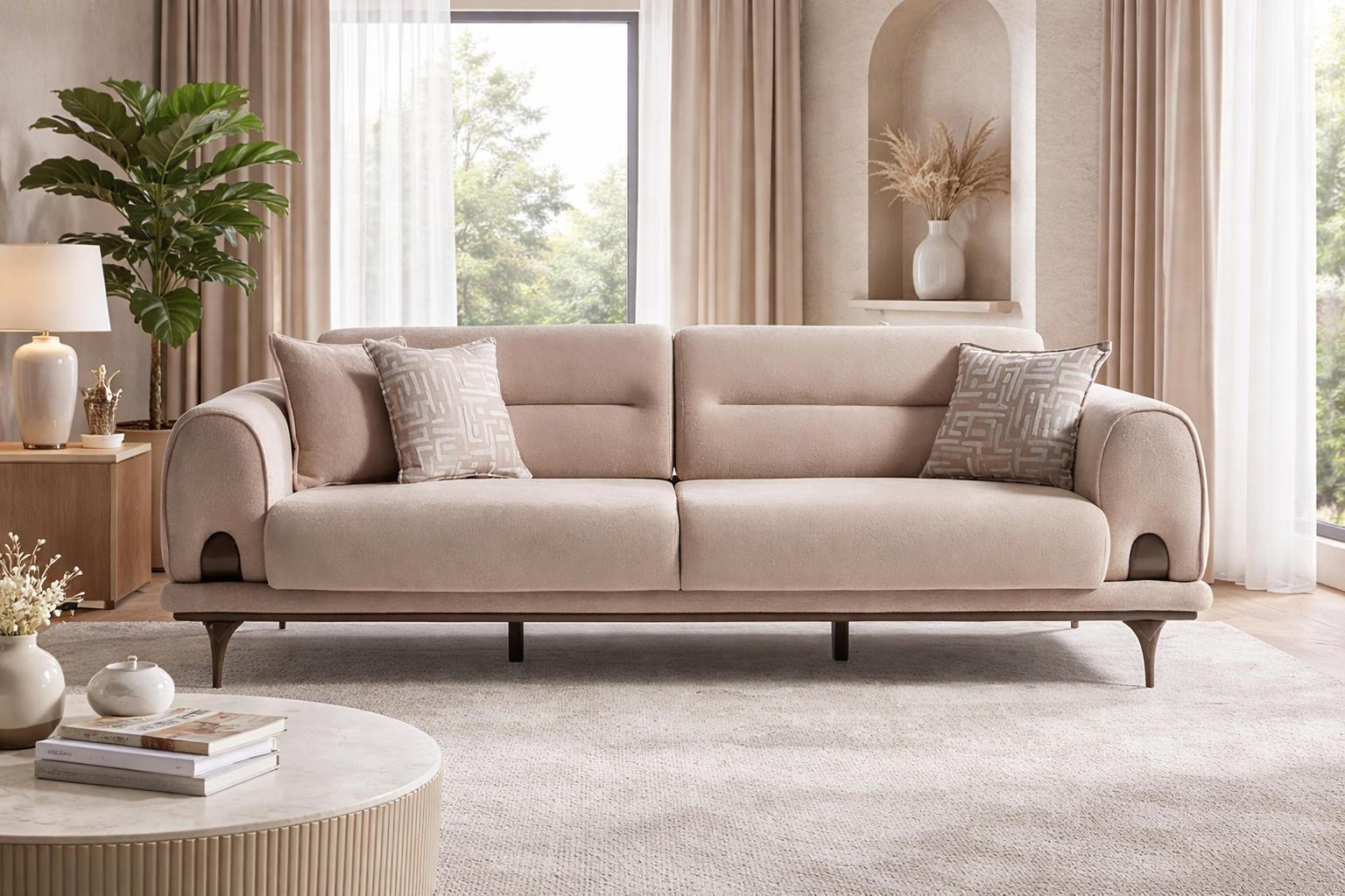 Designer Sofa Beige 3 Sitzer Couch Wohnzimmer Komfort Einrichtung