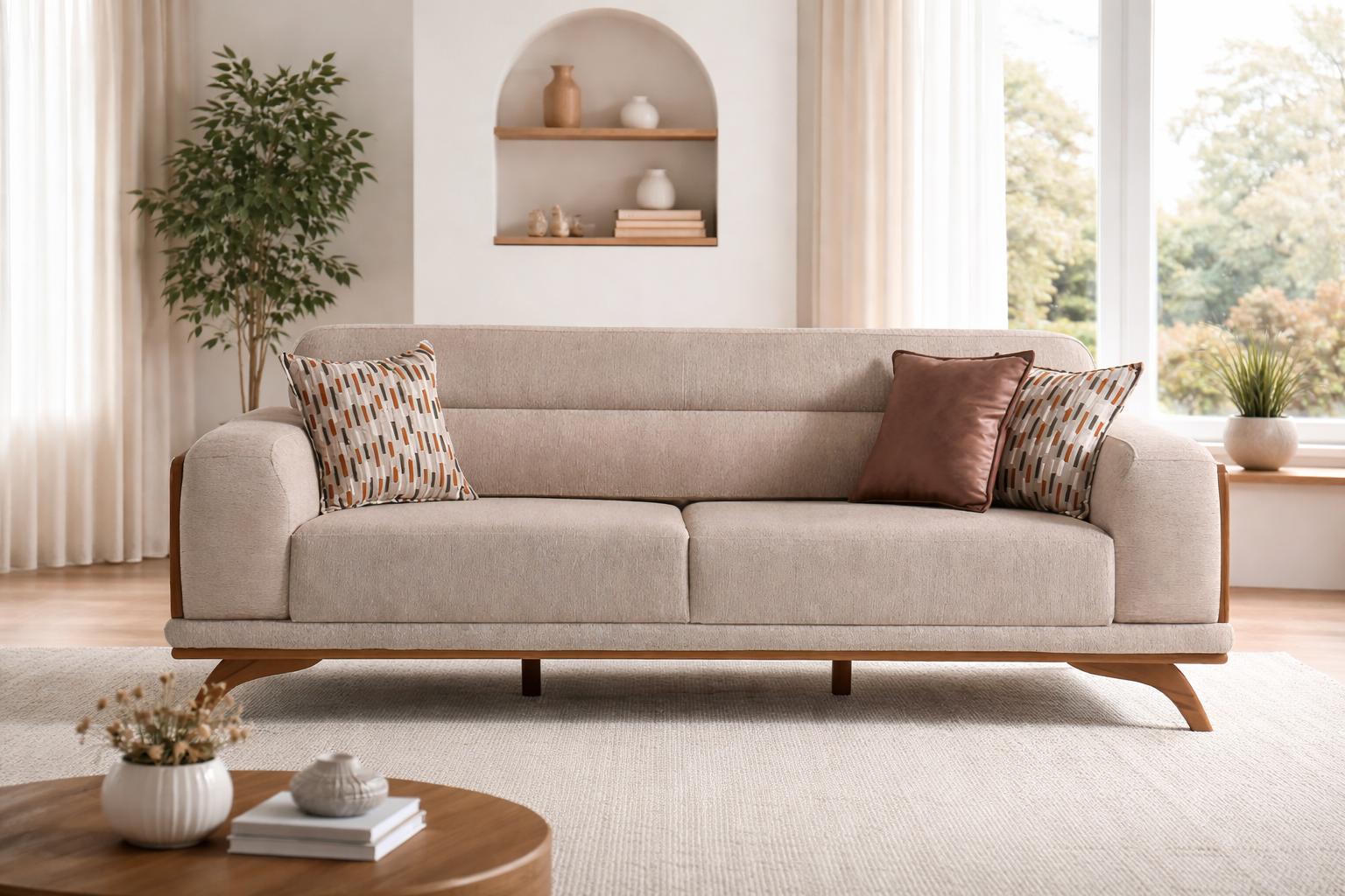 Hochwertiges Sofa Beige 3 Sitzer Couch Wohnzimmer Komfort Stil