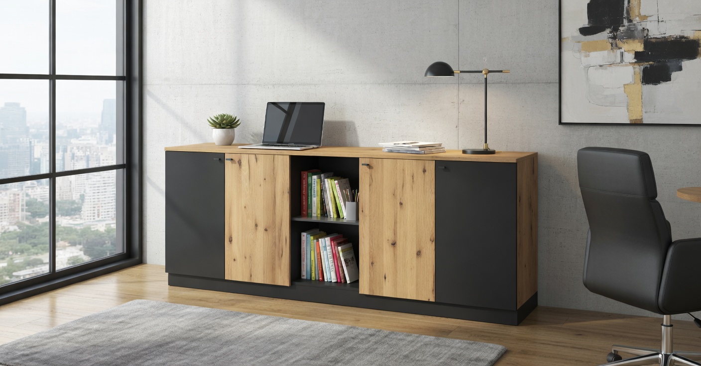 Moderne Konsole Holz Beige Schwarz mit offenen Fächern und Türen