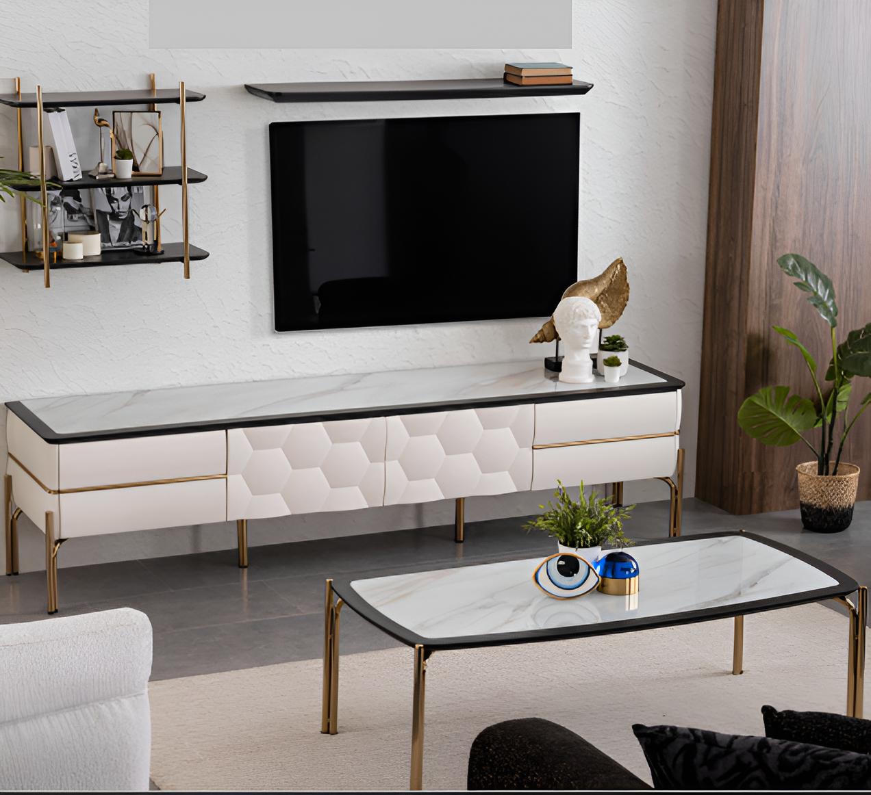 Wohnzimmer-Set: Sideboard, Couchtisch & 2 Wandregale, Weiß-Gold