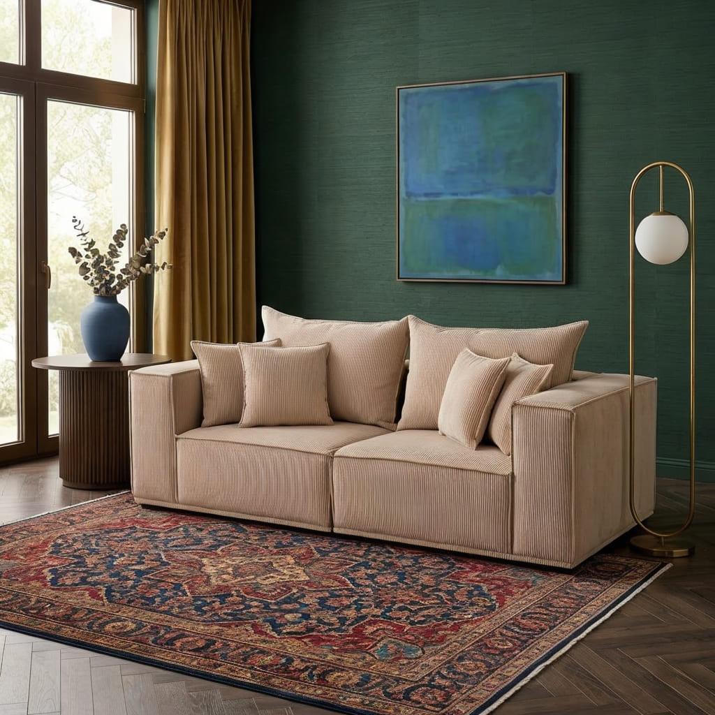 Wohnzimmer Dreisitzer Sofa Moderner Stil Braun Holzgestell Kissen Weich