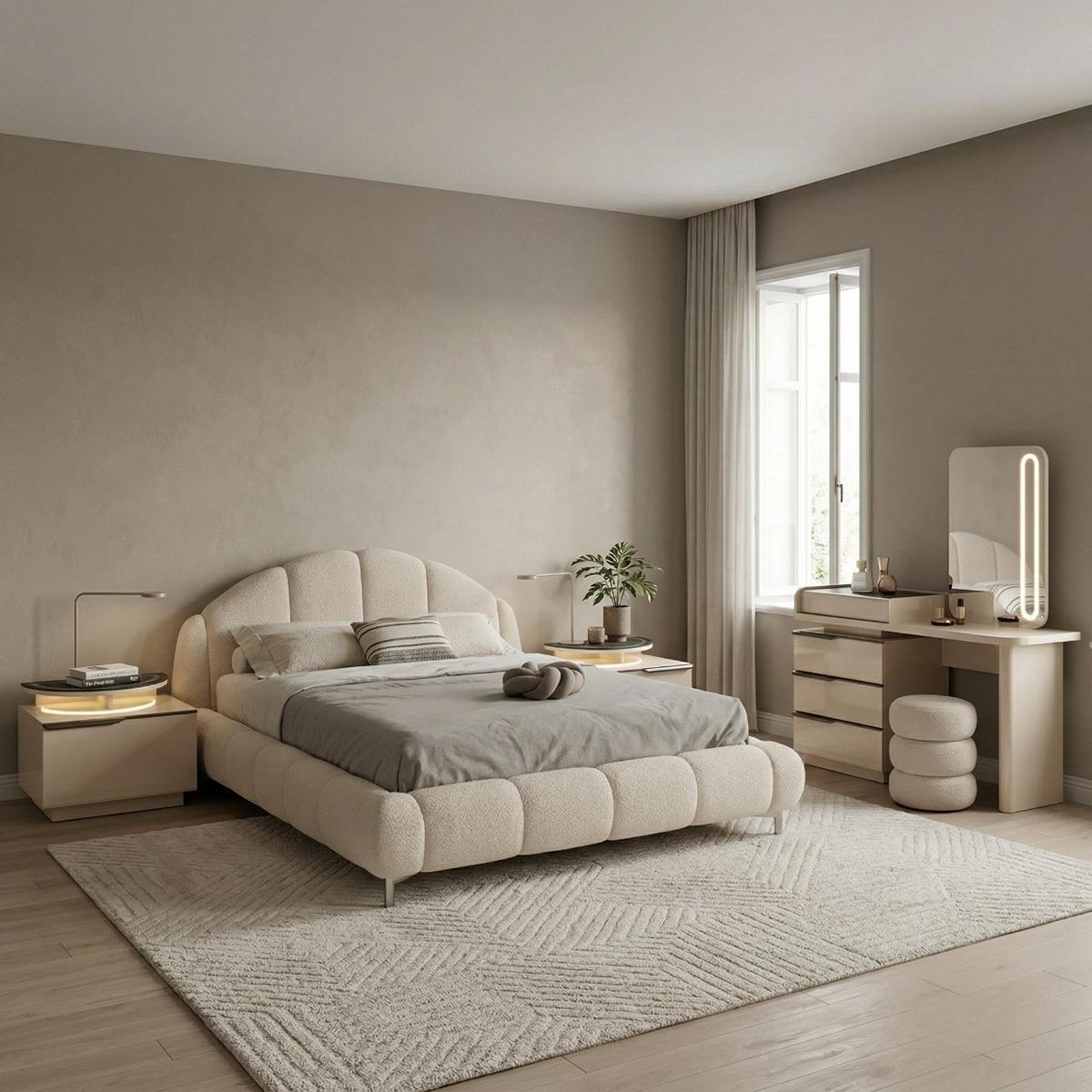 Schlafzimmer Set Bett 2xNachttisch Schminktisch Spiegel Pouf Beige