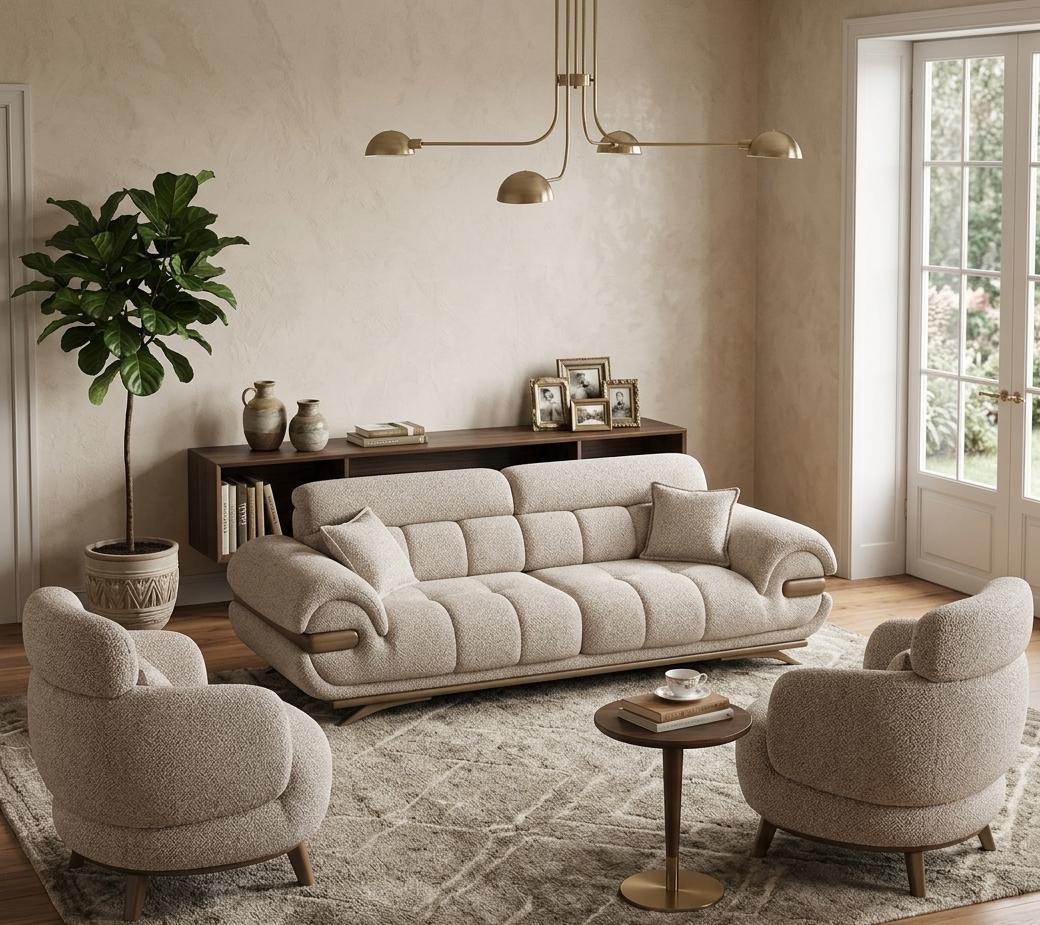 3 Sitzer Sofa Sessel Stoffbezug Holzrahmen Mittlere Härte Modern Neu