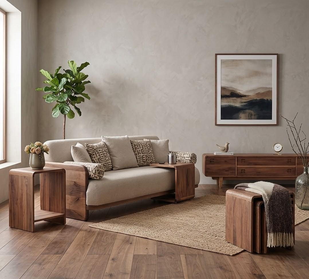 3 Sitzer Sofa TV Board 3x Couchtisch Wohnzimmer Stil modern Farbe braun