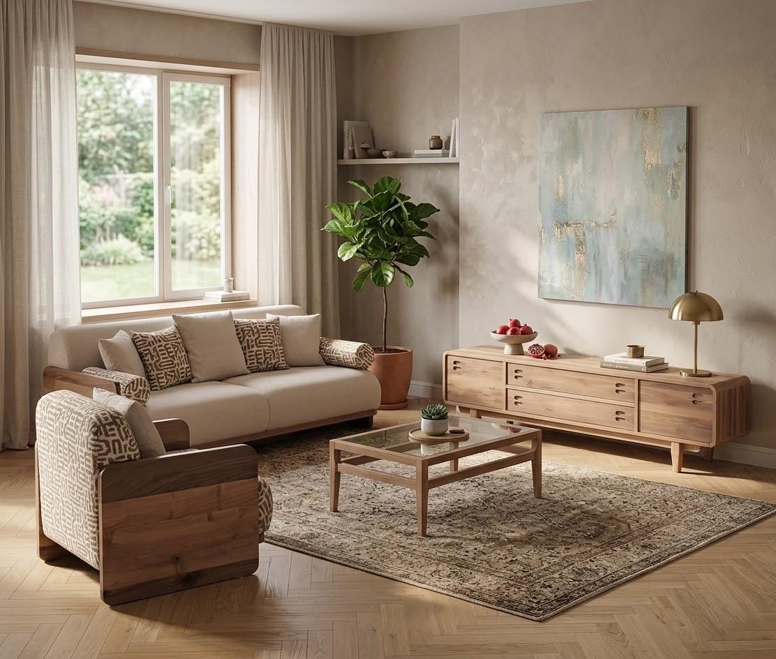 3 Sitzer Sofa Sessel TV Board Wohnzimmer Stil modern Farbe braun neu