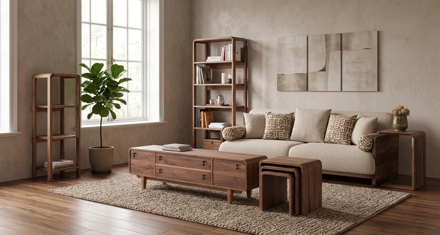 3 Sitzer Sofa 3x Couchtisch TV Board 2x Buecherregal Stil modern braun