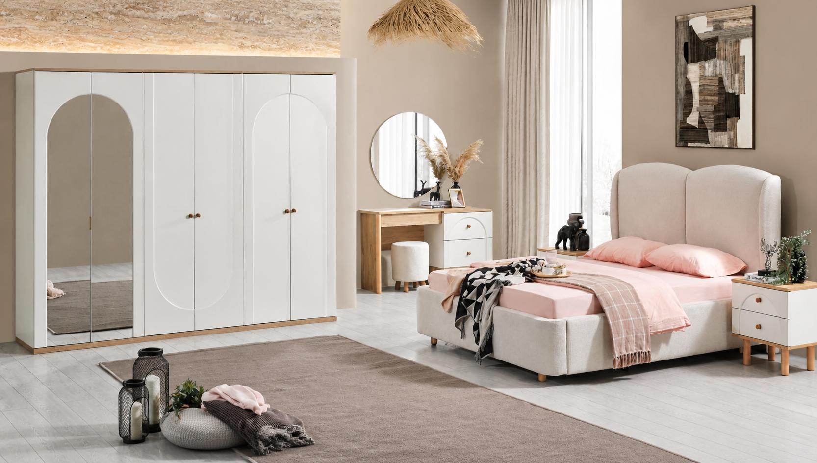 Skandinavisches Set mit Bett, Kleiderschrank, Kommode und Spiegel