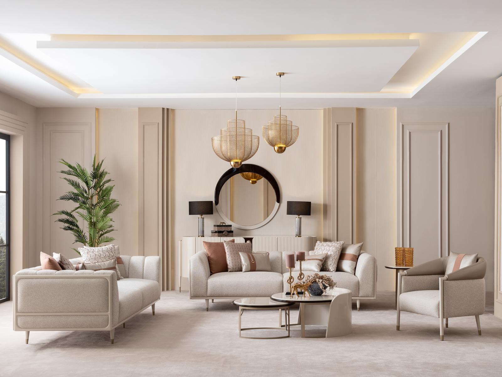 Beiges Wohnzimmer-Set 3-Sitzer-Sofas Sessel Couchtisch Beistelltisch Spiegel