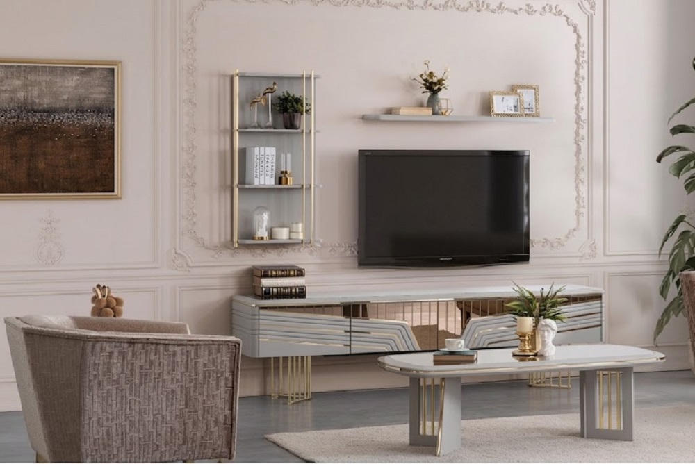 Wohnzimmer-Set Grau/Gold 5-teilig Couchtisch Sessel TV-Board Regale