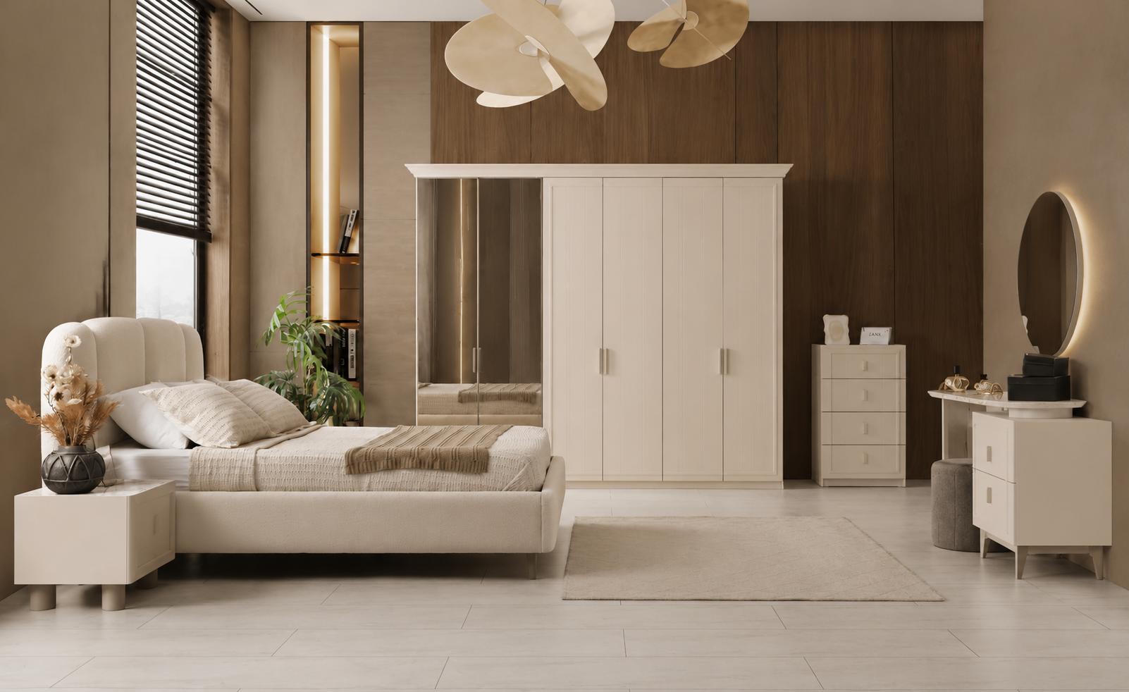 Doppelbett Nachttisch Schrank Schminktisch Kommode beige neu