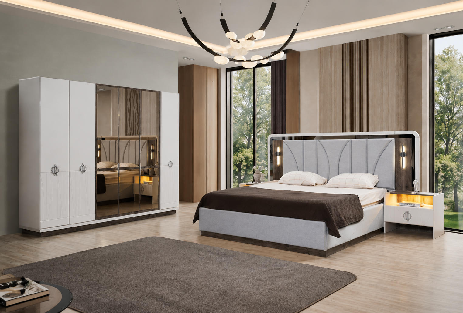 Modernes Schlafzimmer Set Bett 2x Nachttische Kleiderschrank Schminktisch