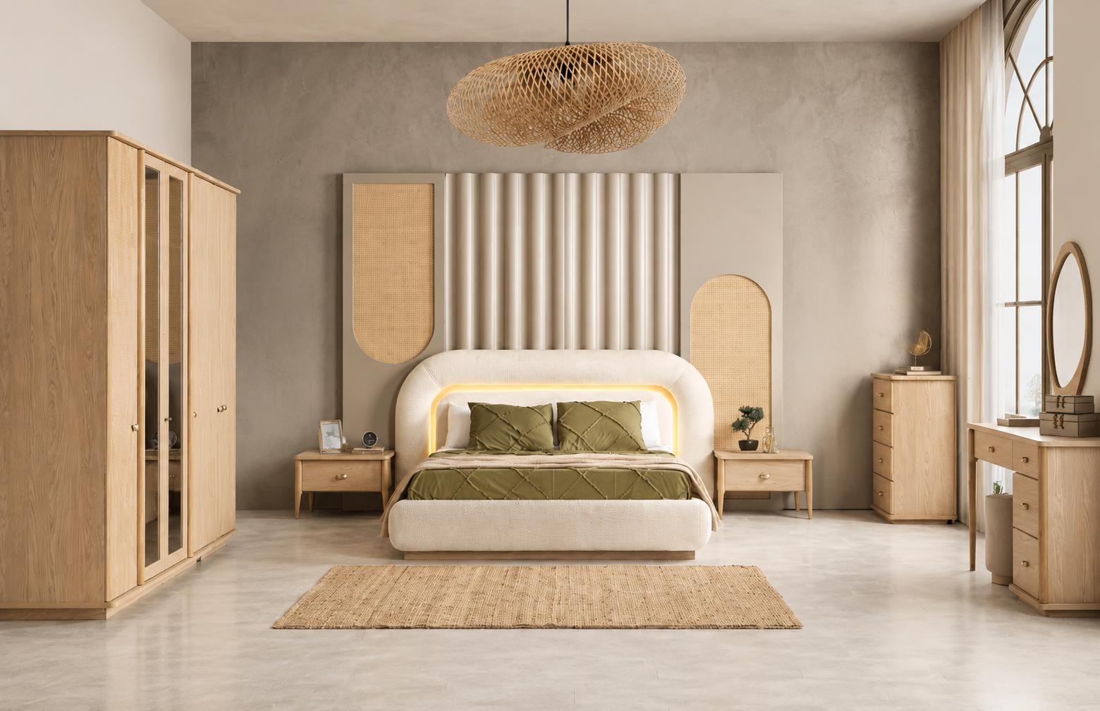 Doppelbett Nachttisch Schrank Schminktisch Kommode beige neu
