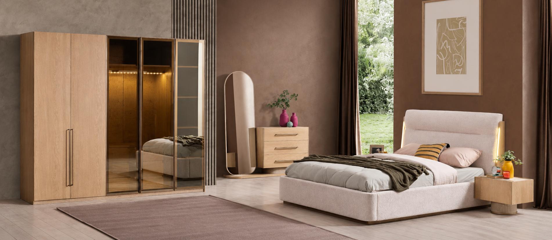 Modernes Schlafzimmer Set mit Bett Kleiderschrank Kommode Design