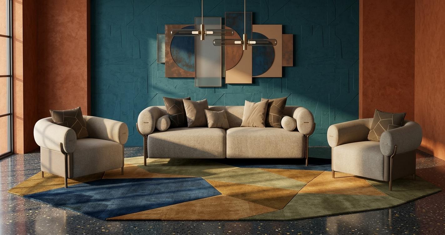 Stilvolles beiges Wohnzimmer-Set 3-Sitzer-Sofa zwei Sessel modern hochwertig