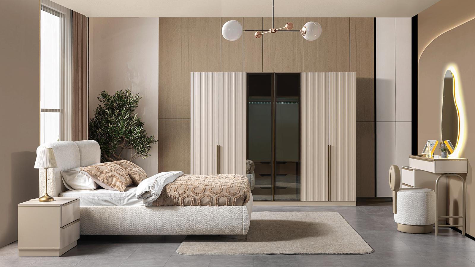 Bett 2x Nachttisch Kleiderschrank Kommode Stil modern Farbe weiß Neu