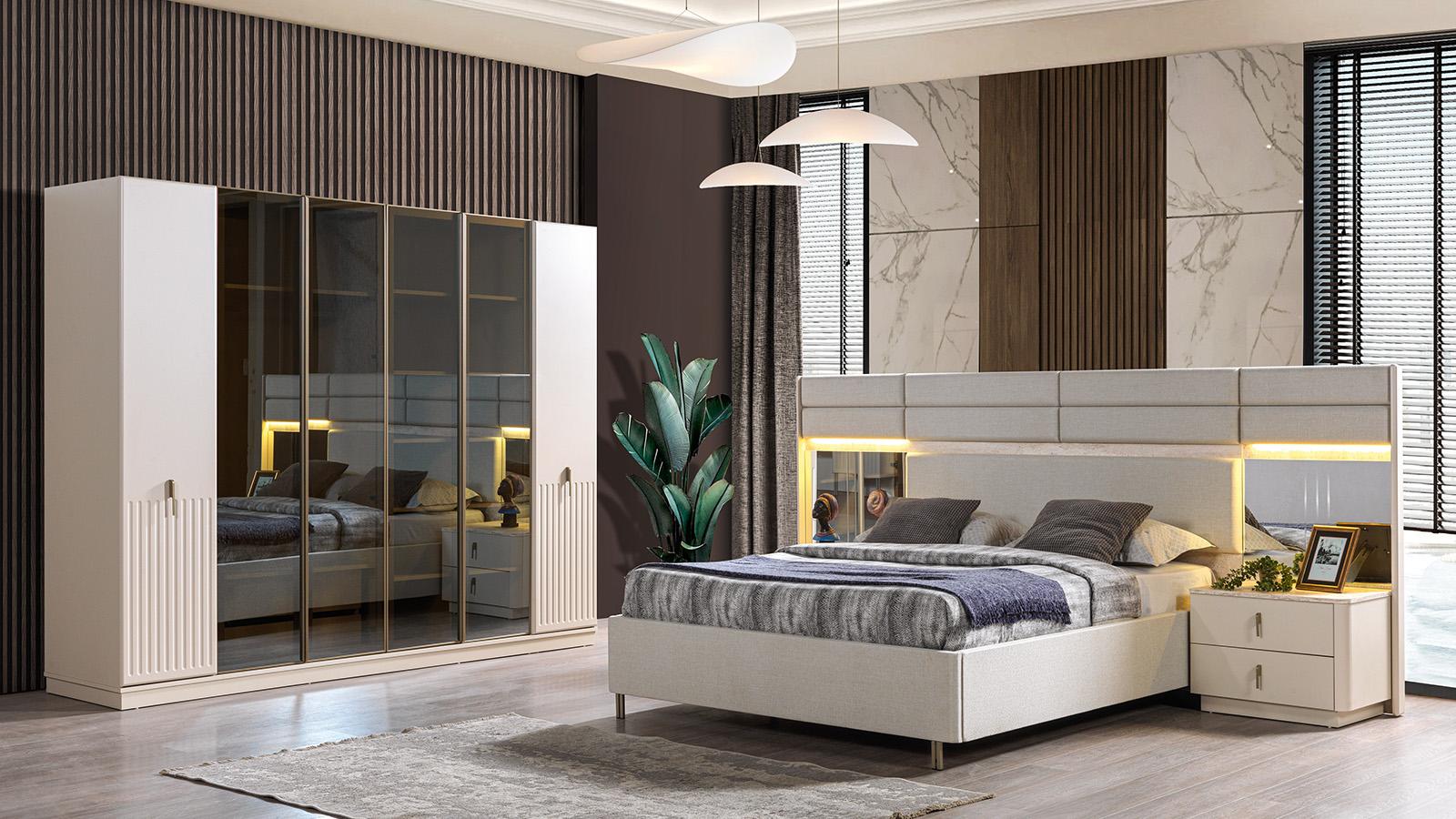 Bett 2x Nachttisch Kleiderschrank Schlafzimmer Stil modern Farbe weiß neu