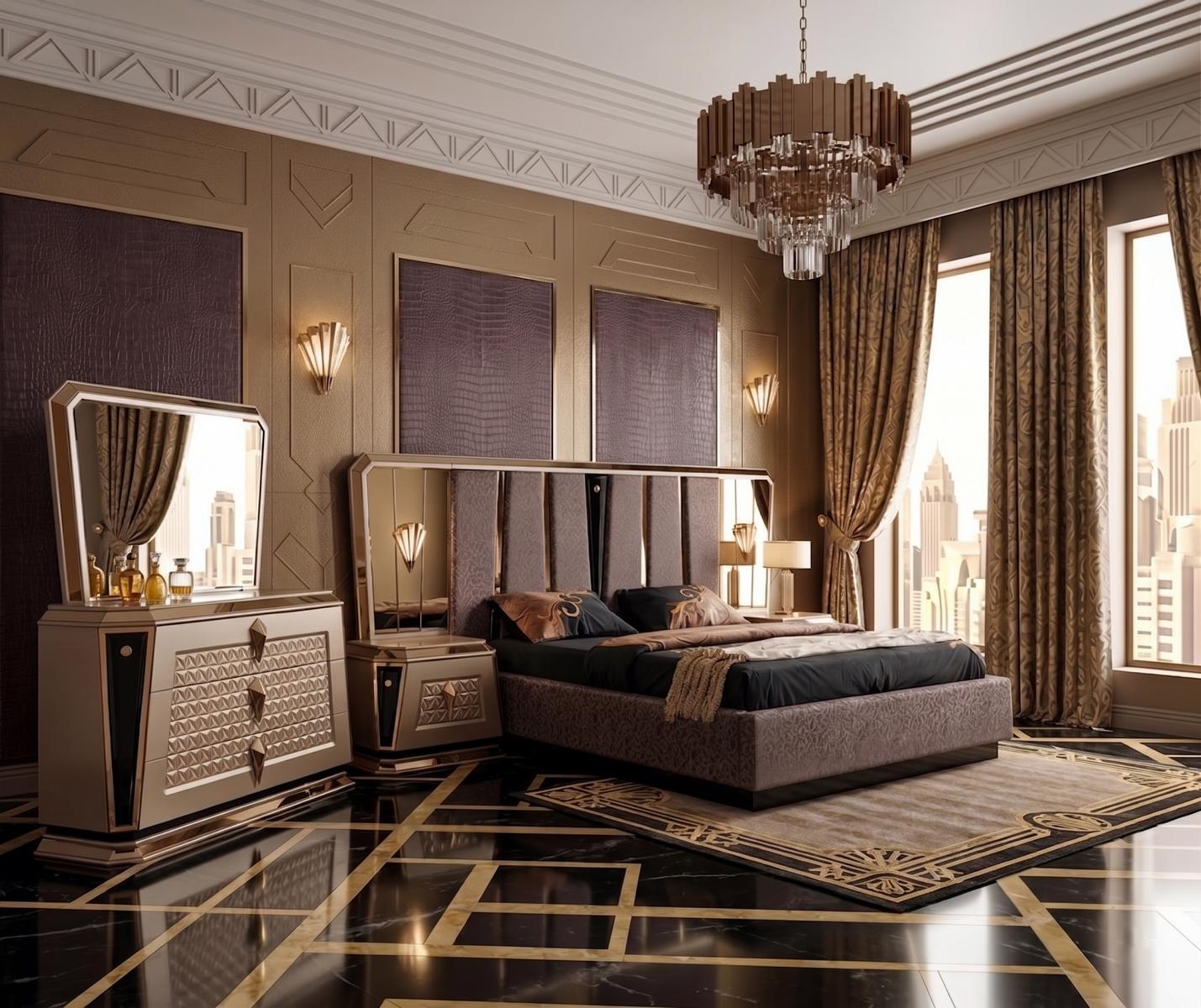 Bett Frisiertisch Schlafzimmer beige grau goldfarben Spiegel neu
