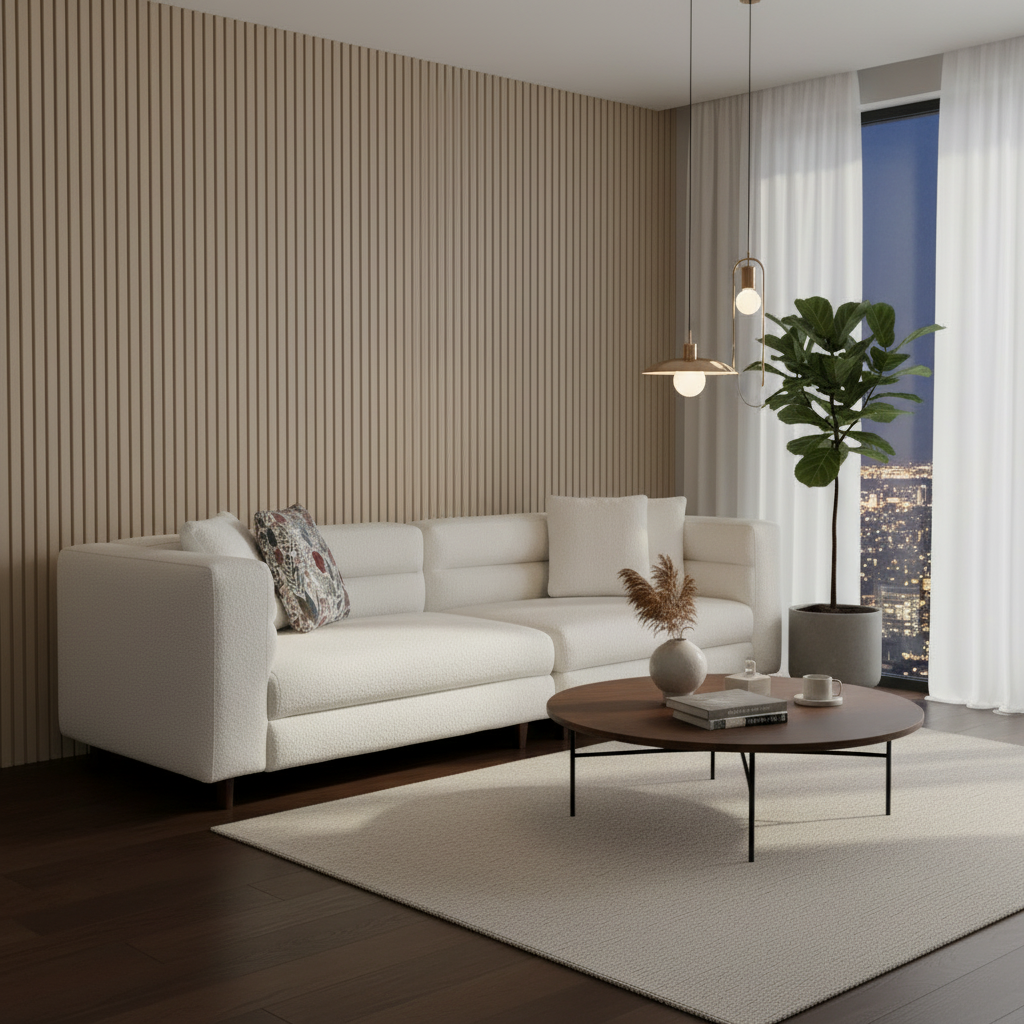 Komfortables weißes Sofa mit Holzfüßen für Wohnzimmer