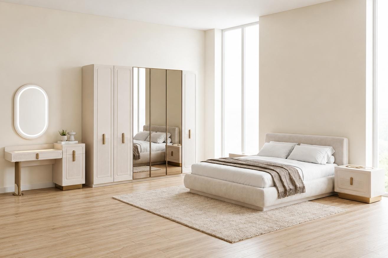 Schlafzimmer Set Beige Modern Komplett Schrank Schminktisch Nachtt