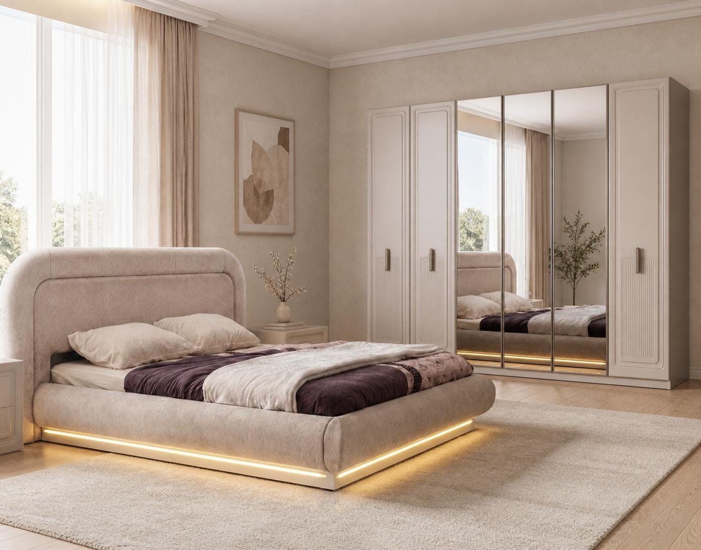Schlafzimmer Set Beige Modern Komplett Polsterbett Kleiderschrank 6t