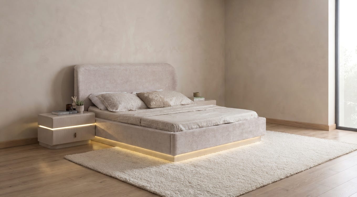 Schlafzimmer Set Modern Beige Elegante Polsterbett LED 2 Nachttische