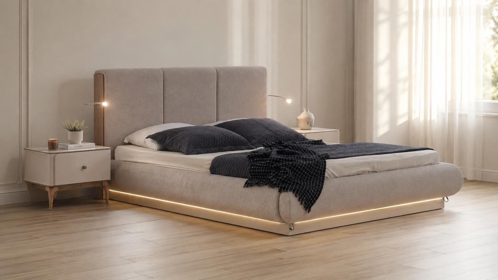 Elegant Schlafzimmer Set Beige Design Polsterbett 2 Nachttische LED