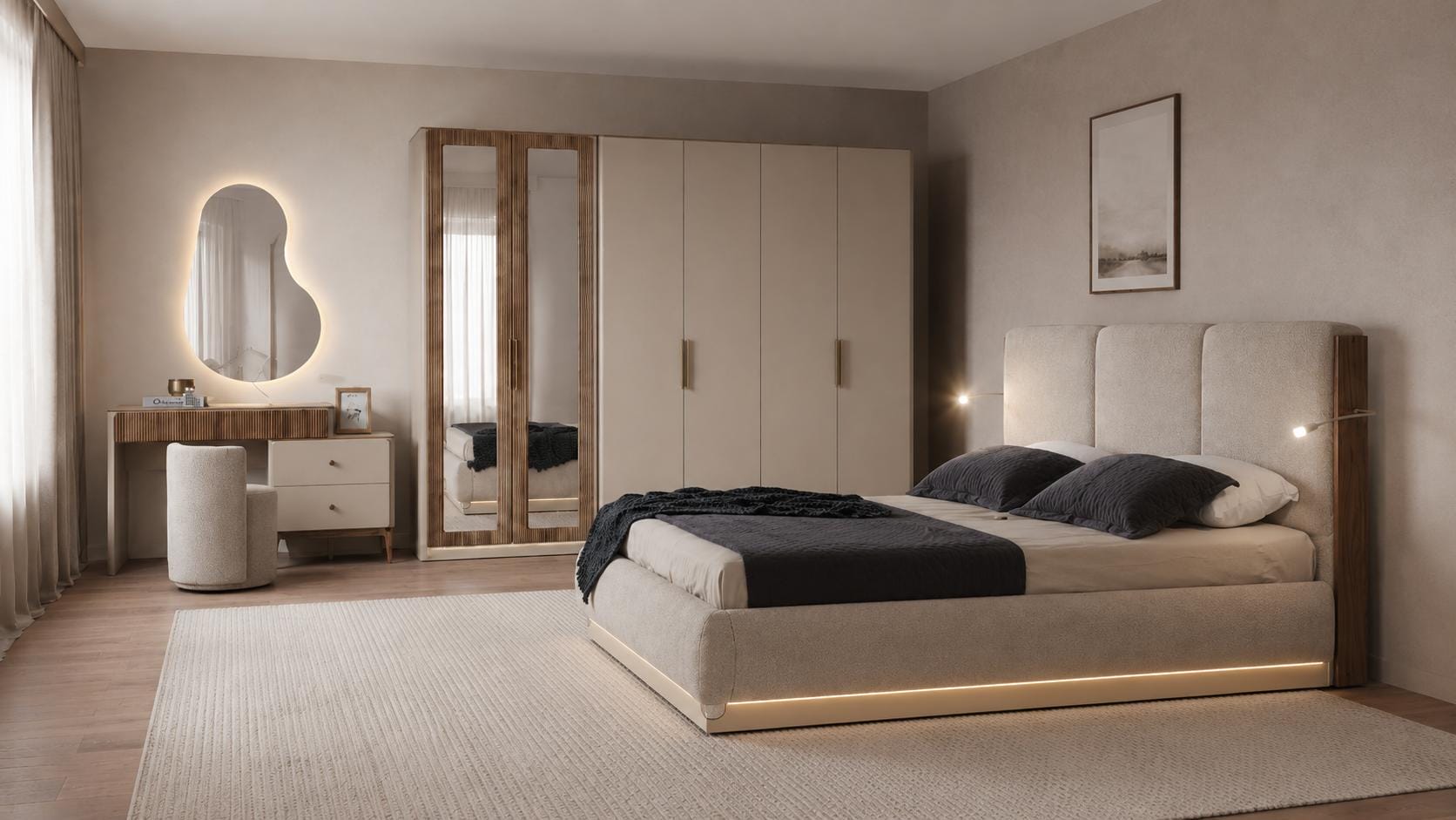 Premium Edel Schlafzimmer Set Bett Stilvoll Schrank Frisiertisch Holz