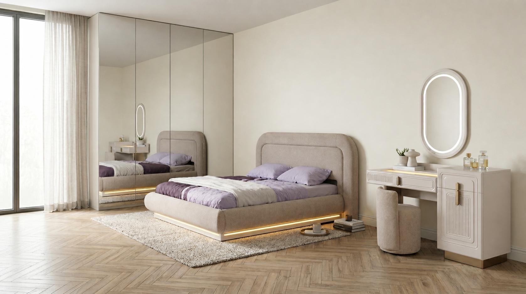 Design Schlafzimmer Set Bett Beige Schminktisch Hocker Schick Modern