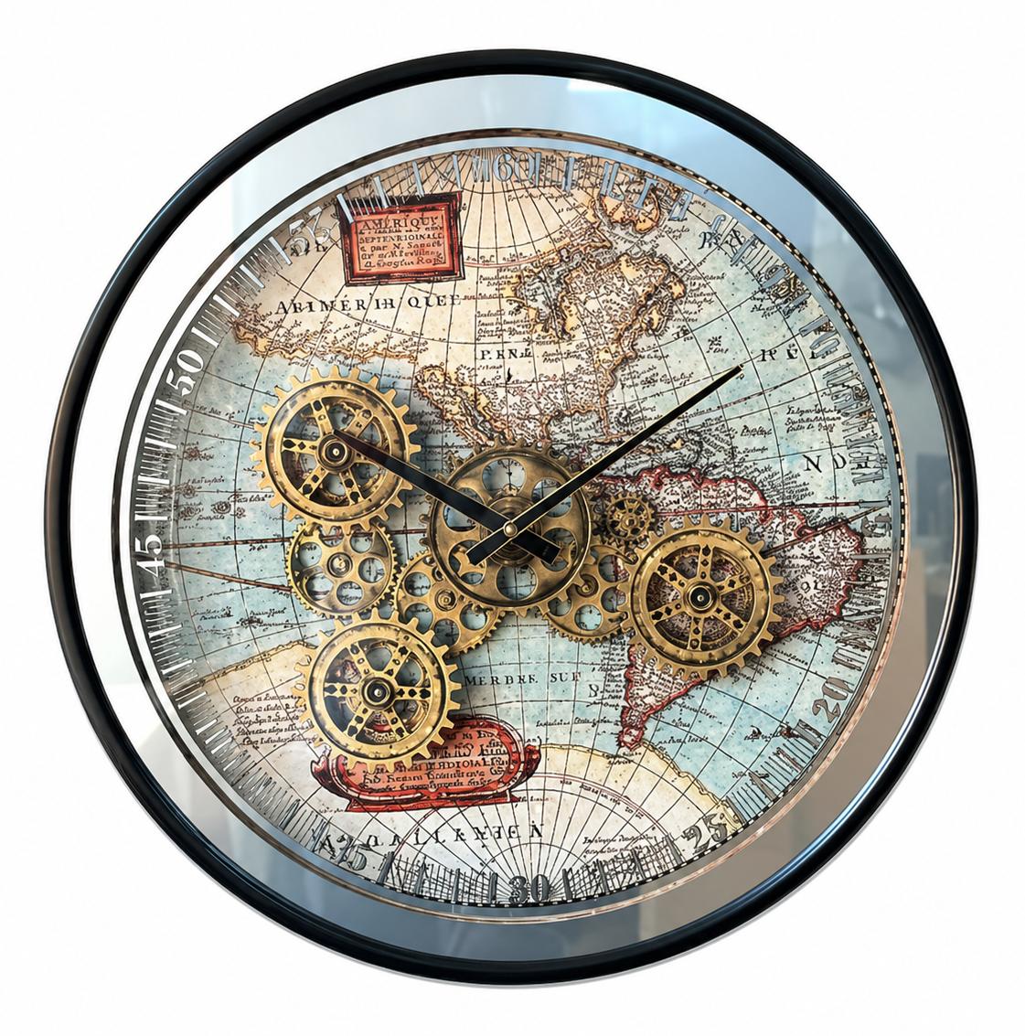 Wanduhr Steampunk Metall Glas Zahnrad Vintage Deko Loft Uhr  Weltkarte